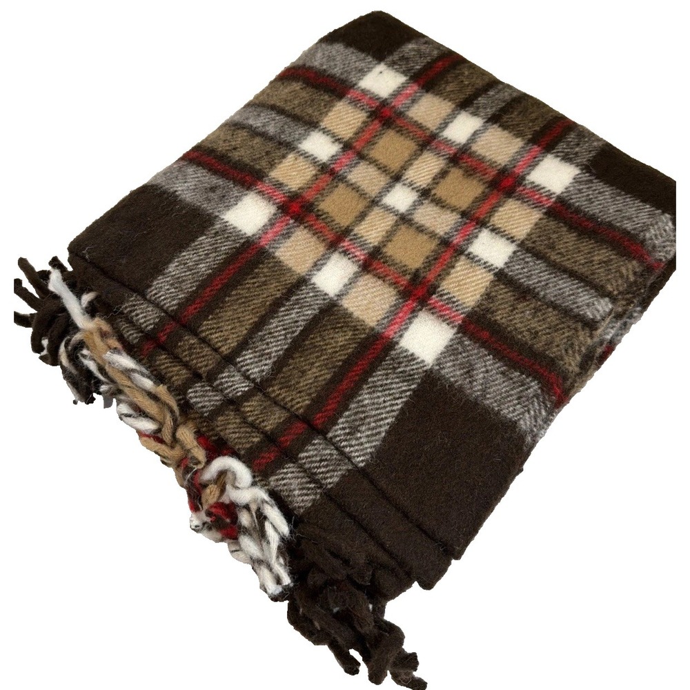 Vintage Faribo Wool Throw Blanket Plaid Fringe Brown Red Tan Cream USA